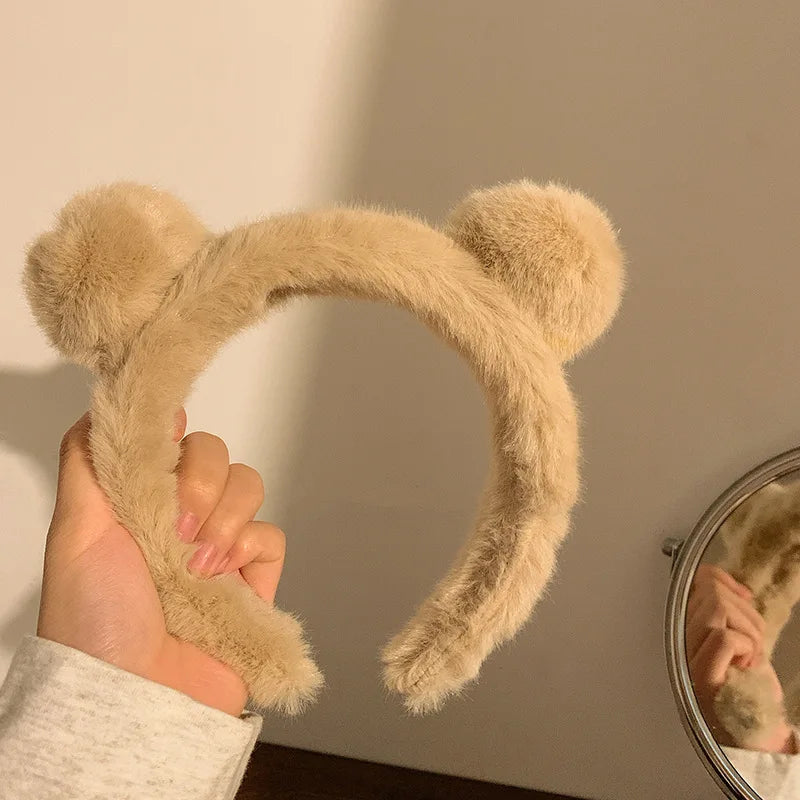 Plush Bear Ear Headband for Women Cute Cartoon Hair Band for Face Masks & Skincare Autumn/Winter