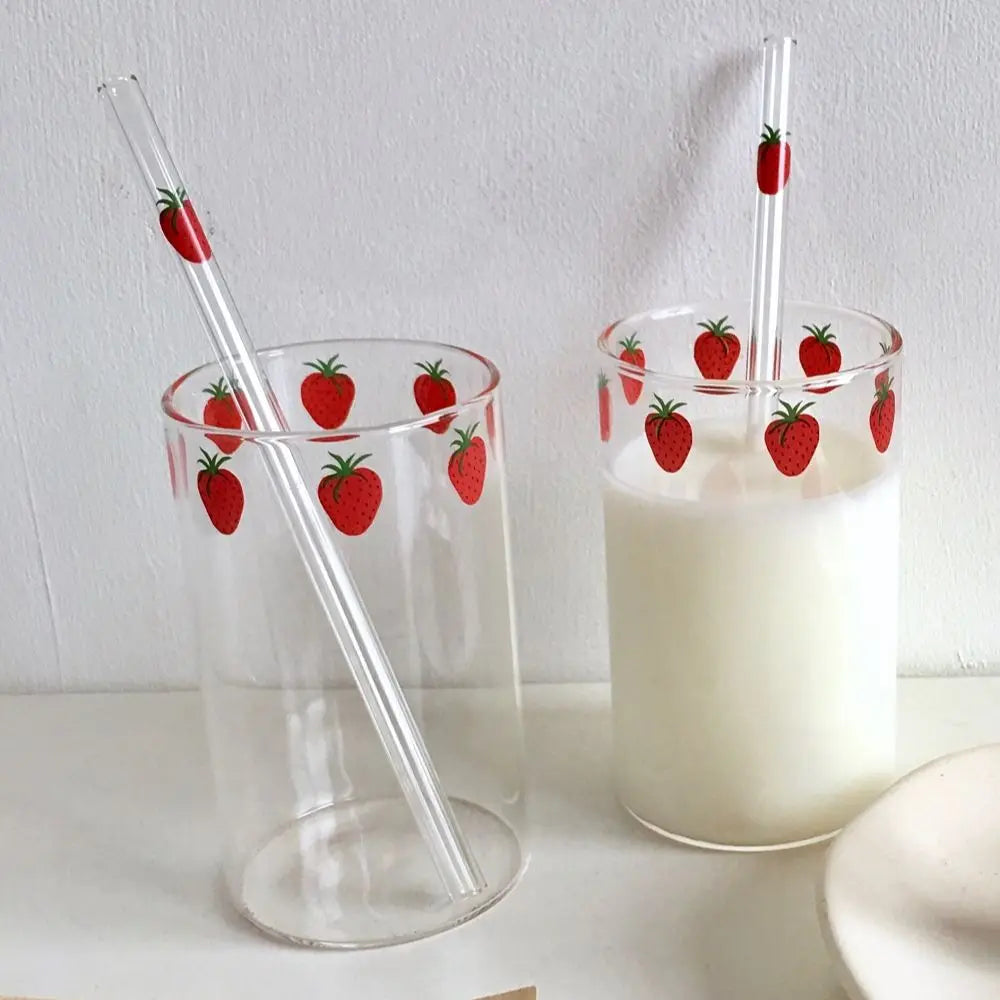 300Ml Strawberry Cute Glass Cup with Straw Creative Transparent Water Cup Student Milk Heat Resistant Glass Nana