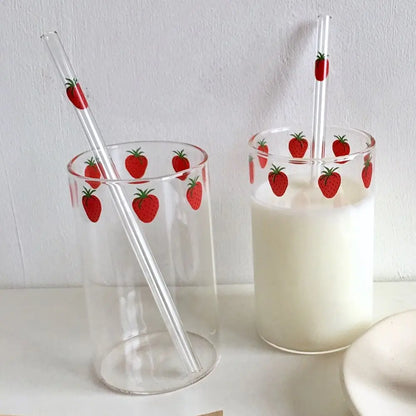 300Ml Strawberry Cute Glass Cup with Straw Creative Transparent Water Cup Student Milk Heat Resistant Glass Nana