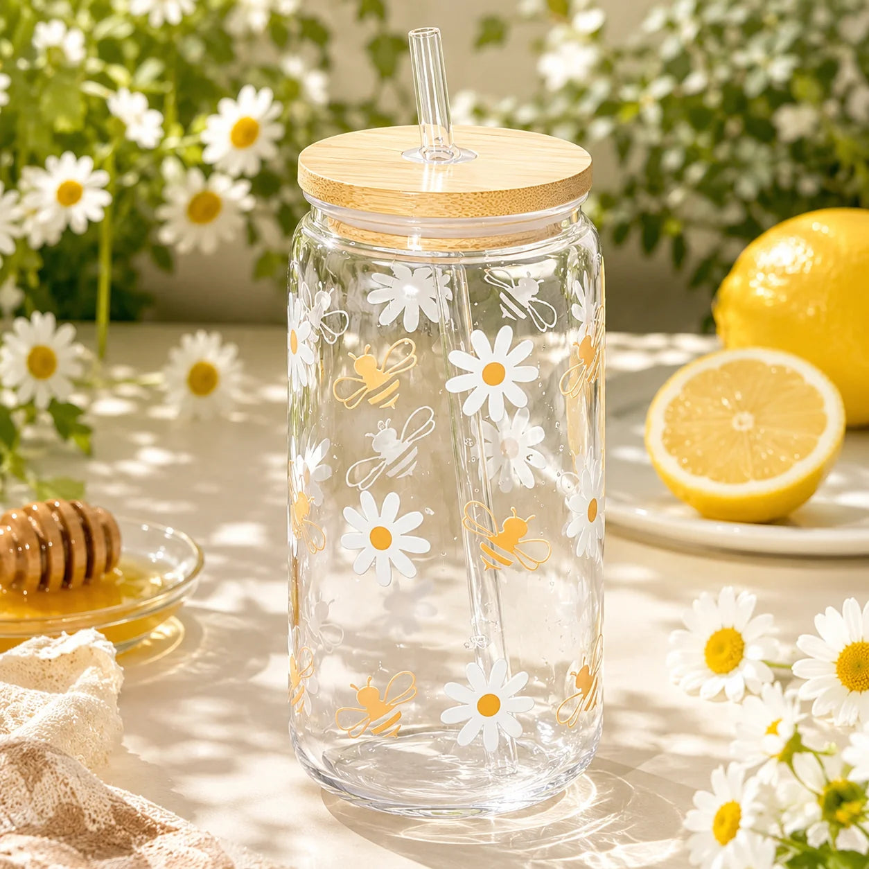 Cute Bee Daisy Glass Tumbler with Bamboo Lid & Straw, Reusable Iced Coffee Cup for Women, Home Office Travel Picnic