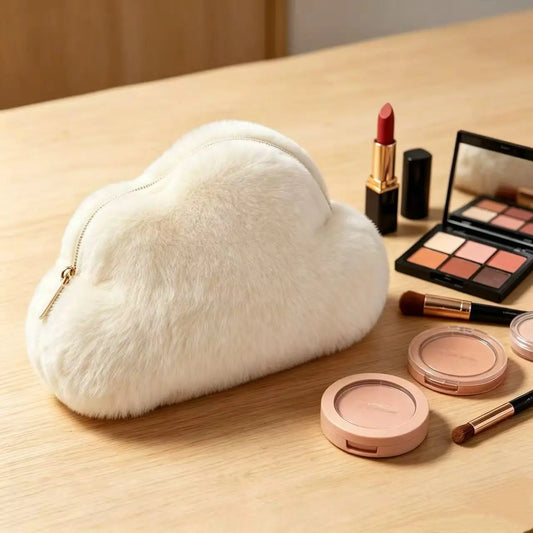Cute Cloud-Shaped Plush Makeup Bag, Soft Plush Cosmetic Storage Bag, Travel Beauty Zipper Storage Bag