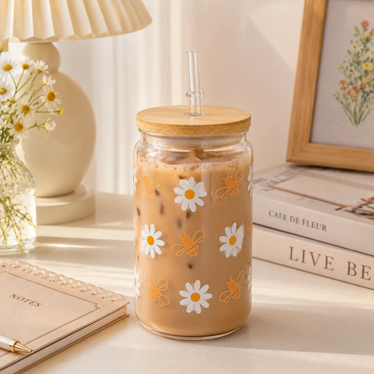 Cute Bee Daisy Glass Tumbler with Bamboo Lid & Straw, Reusable Iced Coffee Cup for Women, Home Office Travel Picnic