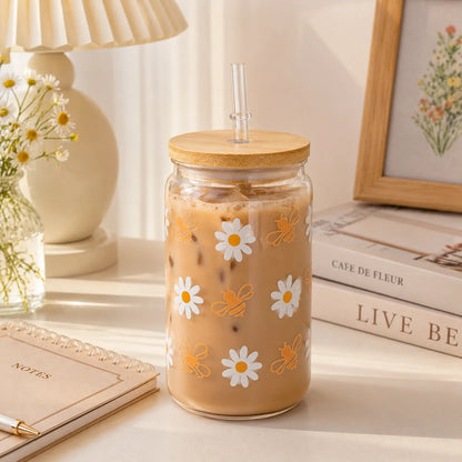 Cute Bee Daisy Glass Tumbler with Bamboo Lid & Straw, Reusable Iced Coffee Cup for Women, Home Office Travel Picnic