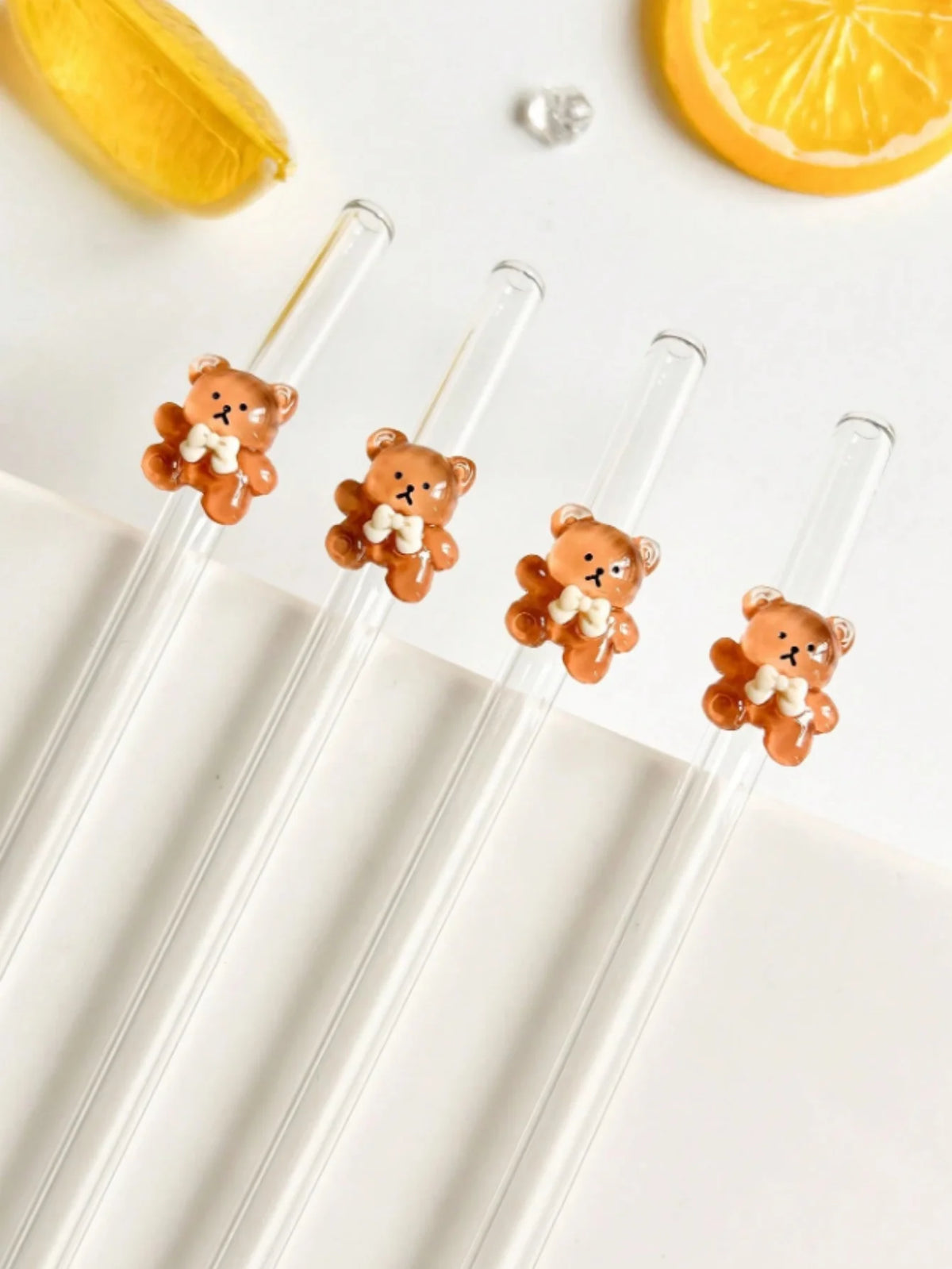 1/5/7PCS Bear Glass Straw Set, Reusable Bent Straws for Milk Tea Cocktails Iced Drinks, Cozy Vibes Dessert Shop Date Gift