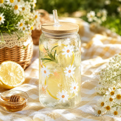Cute Bee Daisy Glass Tumbler with Bamboo Lid & Straw, Reusable Iced Coffee Cup for Women, Home Office Travel Picnic