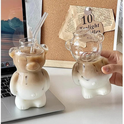 320ML Cute Bear Shaped Coffee Mug Cartoon Bear GlassCup With Straw TransparentCup Birthday Christmas Gift for Women Kids Friends