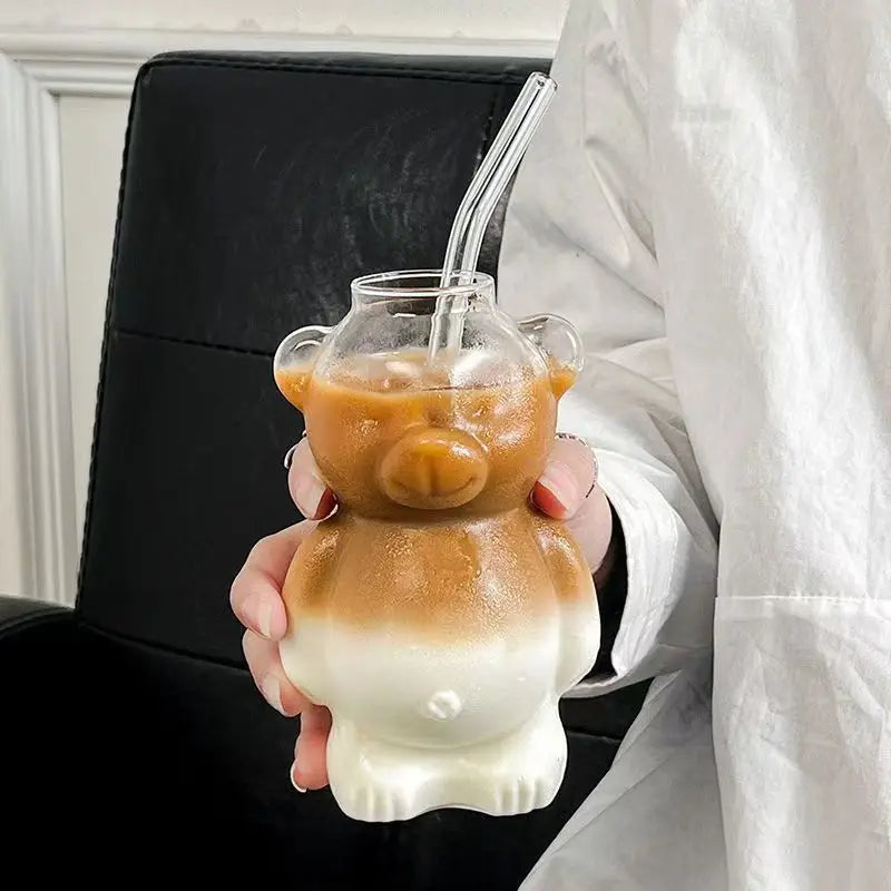 320ML Cute Bear Shaped Coffee Mug Cartoon Bear GlassCup With Straw TransparentCup Birthday Christmas Gift for Women Kids Friends