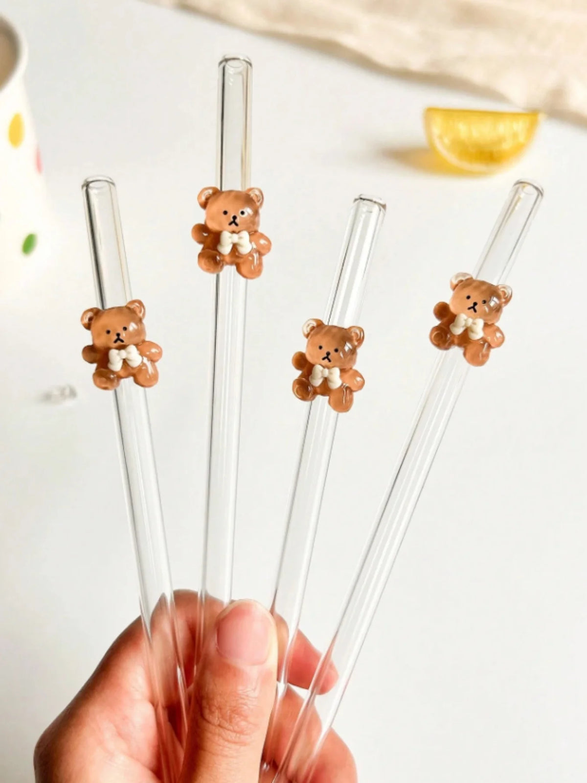 1/5/7PCS Bear Glass Straw Set, Reusable Bent Straws for Milk Tea Cocktails Iced Drinks, Cozy Vibes Dessert Shop Date Gift