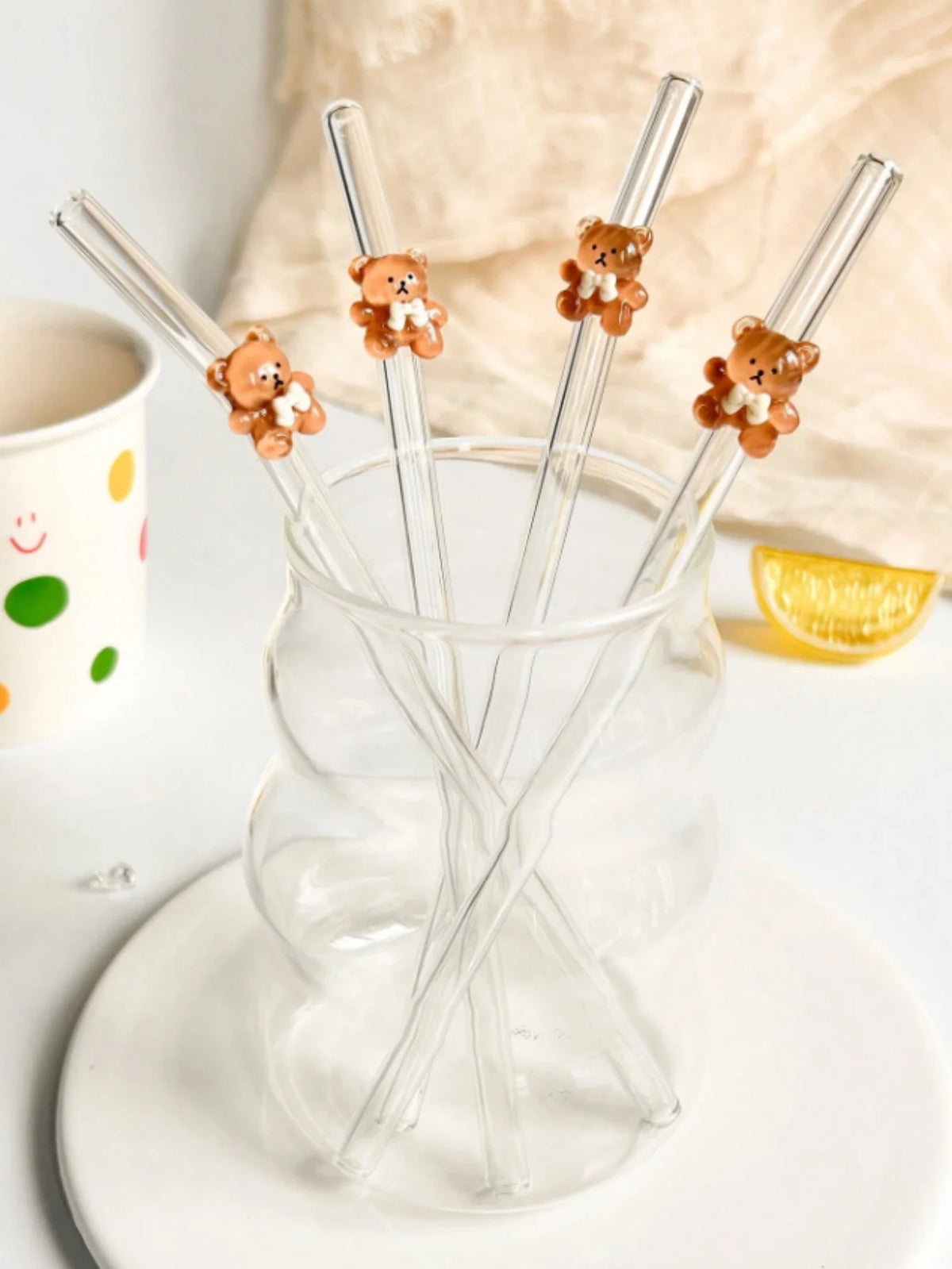 1/5/7PCS Bear Glass Straw Set, Reusable Bent Straws for Milk Tea Cocktails Iced Drinks, Cozy Vibes Dessert Shop Date Gift
