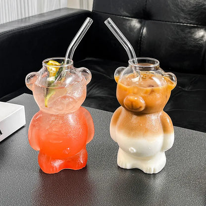 320ML Cute Bear Shaped Coffee Mug Cartoon Bear GlassCup With Straw TransparentCup Birthday Christmas Gift for Women Kids Friends