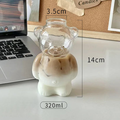 320ML Cute Bear Shaped Coffee Mug Cartoon Bear GlassCup With Straw TransparentCup Birthday Christmas Gift for Women Kids Friends
