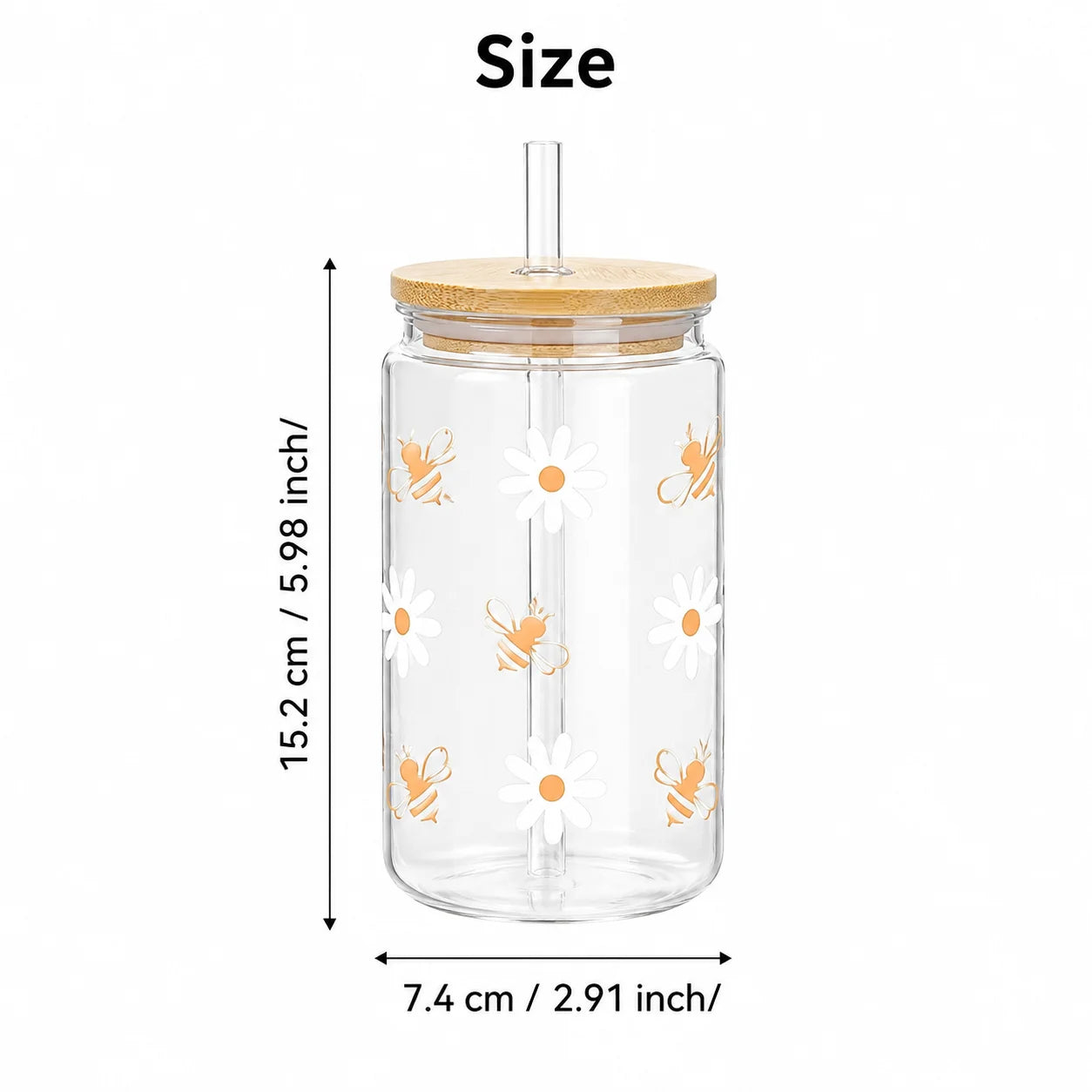 Cute Bee Daisy Glass Tumbler with Bamboo Lid & Straw, Reusable Iced Coffee Cup for Women, Home Office Travel Picnic