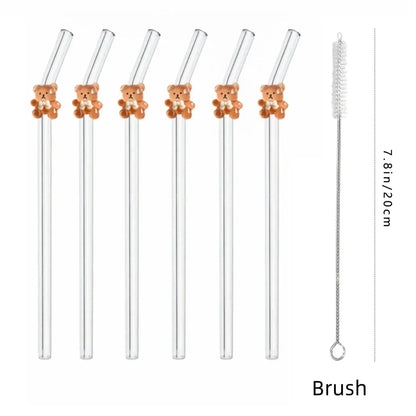 1/5/7PCS Bear Glass Straw Set, Reusable Bent Straws for Milk Tea Cocktails Iced Drinks, Cozy Vibes Dessert Shop Date Gift