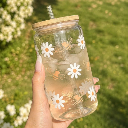 Cute Bee Daisy Glass Tumbler with Bamboo Lid & Straw, Reusable Iced Coffee Cup for Women, Home Office Travel Picnic