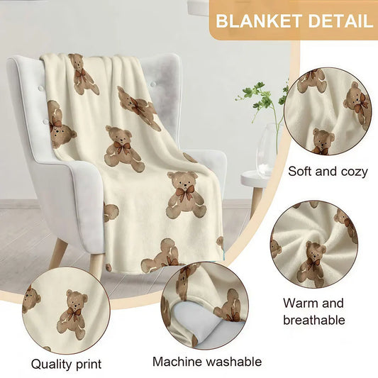 Bow Bear Soft Warm Flannel Blanket Lightweight Cozy Christmas Halloween Home Decor Room